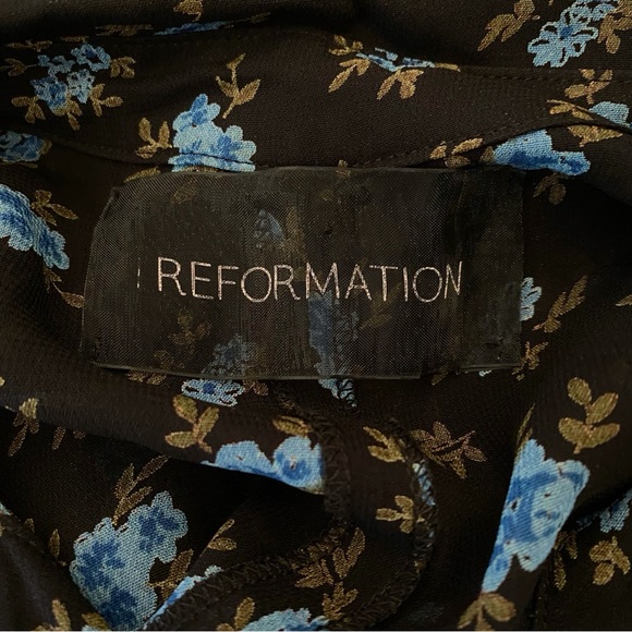 Reformation black blue floral print collared 1/2 button short sleeve mini dress - Picture 11 of 13